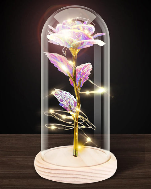 Galaxy Rose Flower for Women, Rainbow Forever Light Up Rose in A Glass Dome